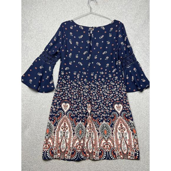 Luxology Shift Swing Dress Womens Size 4 Navy Crochet Paisley Print Bell Sleeves - Picture 2 of 12